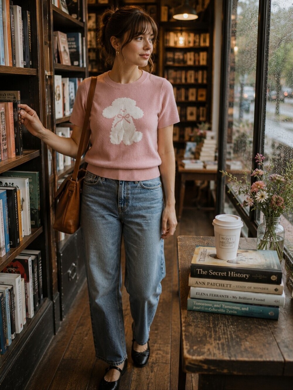 EUC Debut Pink Knit Short Sleeve Poodle Graphic Sweater Top M/L